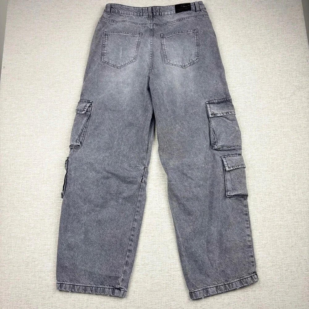 Love For Humanity Men Gray Cargo Jeans Y2K Baggy Wide Leg Multi Pocket W32x29